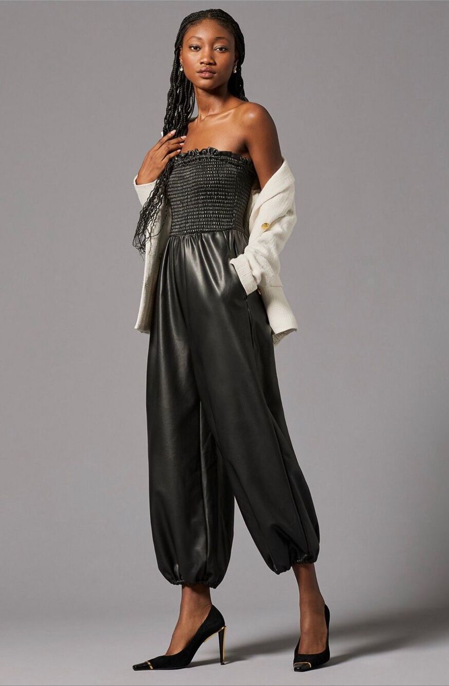 Anthropologie M Tall Faux Leather Balloon Jumpsuit Black Smocked Strapless